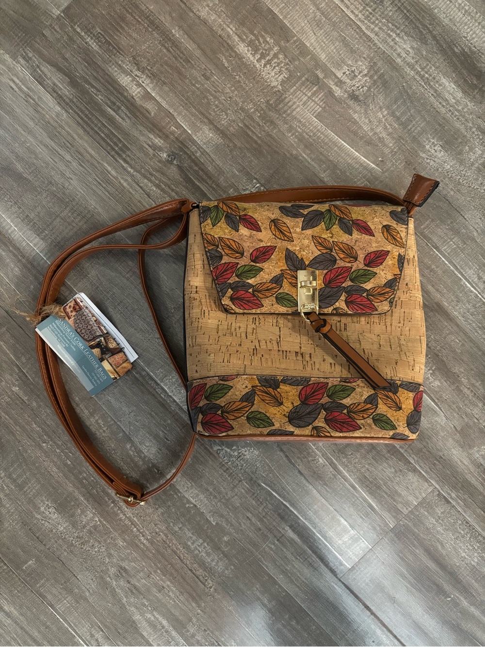 Cork Leather Crossbody Bag with Multicolor Leaf Print